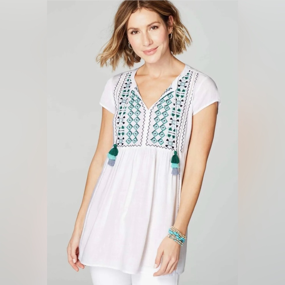 J. Jill Cap Sleeve Embroidered & Beaded Soft Rayon Tunic w Tassel Ties